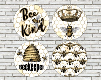 Set Of 4 Vintage Bumblee Bee Themed Pinback Buttons Or Magnets LARGE 2.25" - Your Choice Cute Bee Honeycomb