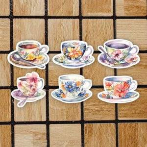 Lot de 6 autocollants pour tasse de thé - Lot d'autocollants aquarelles - Stickers découpés de 2 ou 3 pouces - Cadeaux liés au thé - Stickers thé pour ordinateur portable - Stickers pour ordinateur