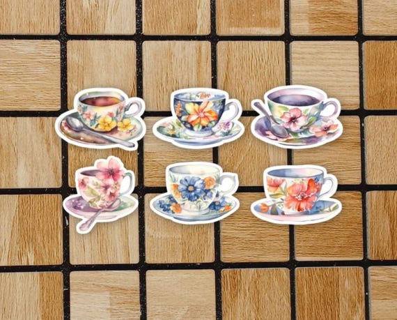 Set Of 6 Tea Cup Stickers - Watercolor Sticker Pack - 2" or 3" Die Cut Stickers - Tea Related Gifts - Tea Laptop Stickers - Computer Decals