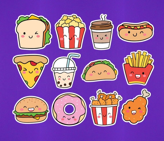 Set of 12 Cute Kawaii Food Stickers 2 Size Taco Donut Fries Hamburger Hot  Dog Coffee Bubble Tea Boba Pizza Laptop Sticker Food Sticker Pack 