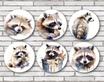 Set Of 6 Racoon Fridge Magnets Or Pinback Buttons Pin - 1.25" - Woodland Animal Decor - Cute Racoon Gifts - Watercolor Animal Art - Wildlife
