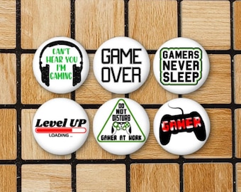 Set Of 6 Gamer Magnets Or Pinback Button Pins - 1.25" Size - Funny Gaming Gifts For Boyfriend Or Son - Cute Video Game Gift For Gamer Girl