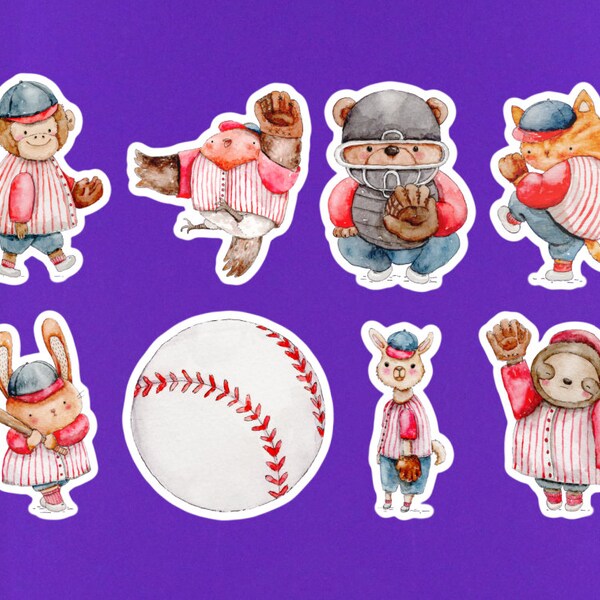 Cute Animals Playing Baseball Sticker Pack Set Of 8 Stickers 2" On Their Longest Side Sloth Cat Monkey Bear Rabbit Llama Baseball Stickers