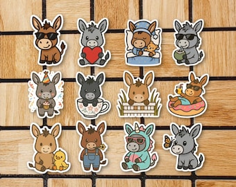 Set Of 6 Funny Donkey Vinyl Stickers - 2" or 3" Size - Donkey Sticker Pack - Cute Animal Pun Laptop Sticker  - Waterproof Water Bottle