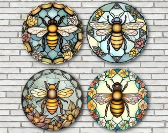 Bee Magnets Or Pinback Button Pins - 2.25" Size - Bumble Bee Decorations - Bee Lover Gifts - Stained Glass Style Art Magnets - Bee Decor