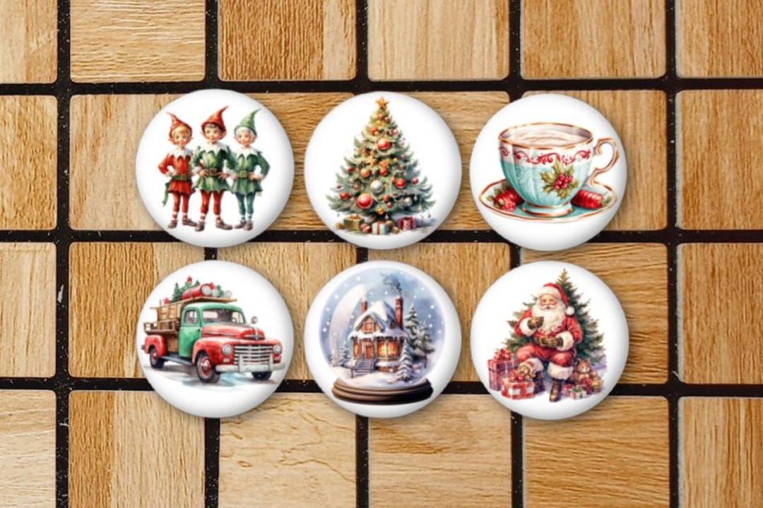 Set of 6 Watercolor Retro Christmas Fridge Magnets or Pinback Button ...