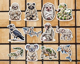 Set Of 12 Animals In Mummy Wrap Vinyl Stickers - 2" or 3" Die-Cut Vinyl Stickers - Waterproof Water Bottle Halloween Laptop Stickers