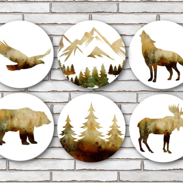 Watercolor Forest Animals Pinback Buttons, Fridge Magnets or Scrapbook Flair 1.25" Set Of 6 Mountains Trees Howling Wolf Bear Eagle Moose