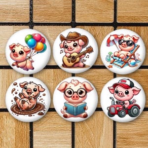 Set Of 6 Pig Magnets Or Pinback Button Set - 1.25&quot; - Pig Pin - Cute Pig Decor - Animal Magnet Set - Christmas Stocking Stuffer - Pig Gifts