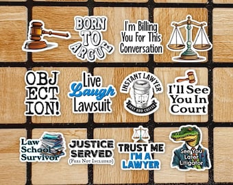 Set Of 12 Funny Lawyer Stickers - Assorted 2" Die Cut Sticker Pack - Lawyer Gift - Lawyer Sticker Pack - Laptop Stickers - Law Student Decal