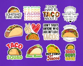 Set Of 12 Taco Stickers Approx 2" On Longest Side Taco Gift For Taco Lovers Taco Laptop Sticker Funny Taco Sticker Pack Assorted Stickers