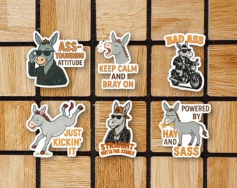 Set Of 6 Funny Donkey Vinyl Stickers - 2" or 3" Size - Donkey Sticker Pack - Cute Animal Pun Laptop Sticker  - Waterproof Water Bottle