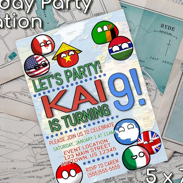 Editable Countryballs Birthday Invitation | 5x7 Digital Invite File | Edit and Print | Country Balls | Kids Birthday | Funny