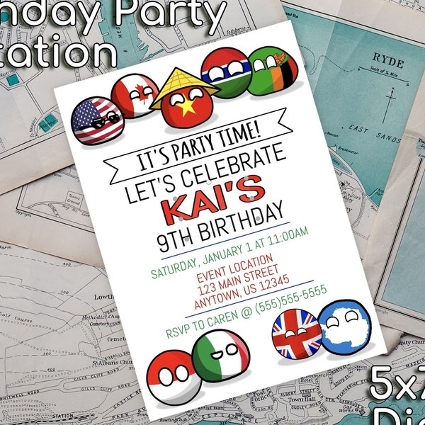 Editable Countryballs Birthday Invitation | 5x7 Digital Invite File | Edit and Print | Country Balls | Kids Birthday | Funny