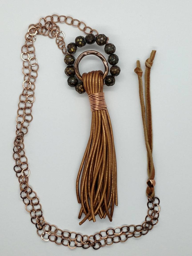 Leather Tassel with Pearls on Copper Chain