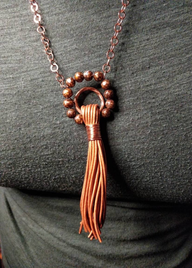 Leather Tassel with Pearls on Copper Chain