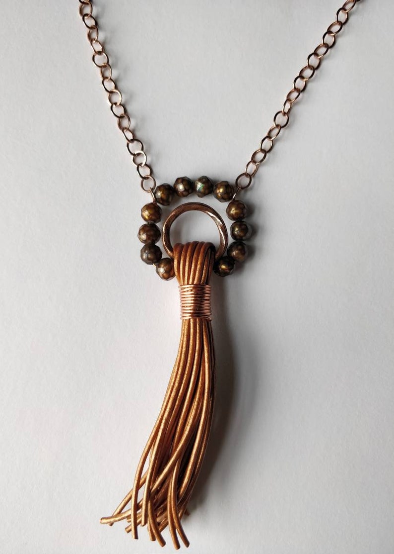 Leather Tassel with Pearls on Copper Chain