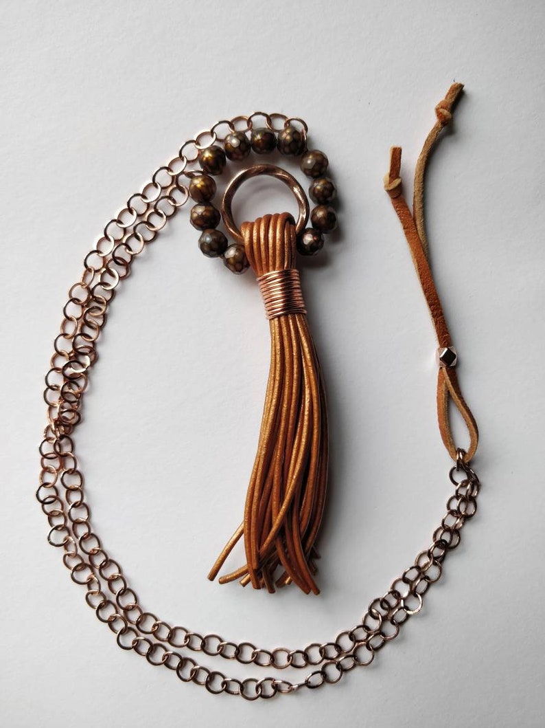 Leather Tassel with Pearls on Copper Chain