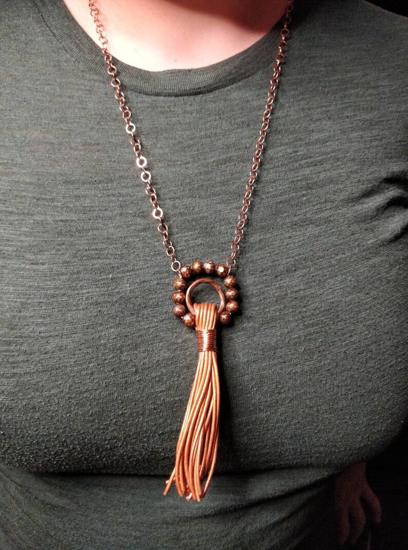 Leather Tassel with Pearls on Copper Chain