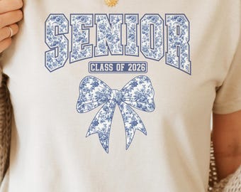 Senior Class of 2026 PNG | Blue Toile Floral Senior Bow Design | Class of 2026 Sublimation | Senior Shirt PNG  Digital Download