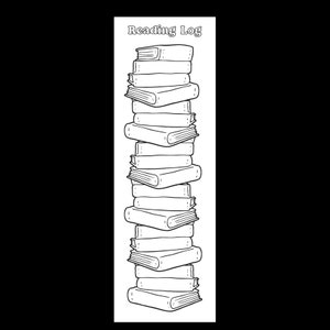 May include: Black and white bookmark with the text "Reading Log" at the top. The bookmark features a stack of illustrated books, perfect for tracking reading progress. The books are drawn in a simple, cartoon style.