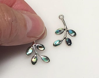 One Pair of Sterling Silver Small Leaf Abalone Shell Dangles, 925, Genuine