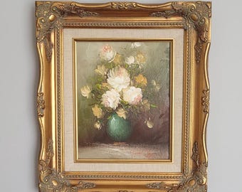 花の油絵：青い花瓶に入ったバラの花束、手作りのキャンバスアート、壁