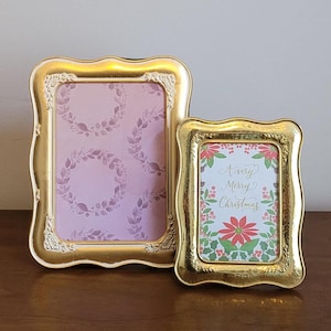 Vintage Ornate Pair Gold Tone Metal Photo Frames for 5x7 & 3.5x5 - Floral Scrollwork Design Scalloped Edges Wedding Bridal Heirloom Pictures