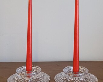 Vintage Wide Base Clear Glass Candleholders; Crisscross Diamond Pattern