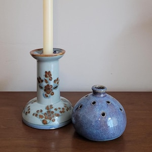 Vintage Blue and Brown Ceramic Candleholder Signed Ken Edwards El Palomar Mexico  - Floral Leaf Pattern - Mexican Pottery