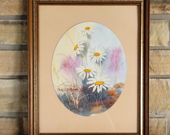 ヴィンテージオーバルデイジー水彩画 - サイン入り花のアート、額入り