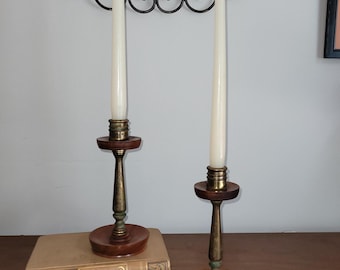 Vintage Brass & Wood Candlestick Pair - Bohemian Table Decor