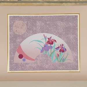 May include: A framed print of a stylized floral design featuring pink, purple, and green irises against a textured, pale purple background. The design includes a stylized fan shape and a circle.