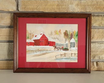 Vintage Folk Art Watercolor Painting – Winter Barn, Horse-Drawn Wagon