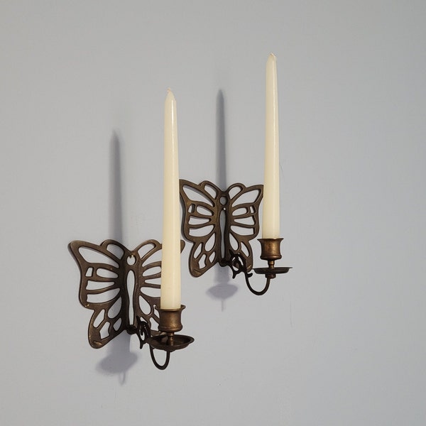 Vintage Aged Brass Butterfly Wall Candle Holders Sconces for Tapers - Pair Dark Gold Butterflies   - Eclectic 1970's Boho Art Wall Decor