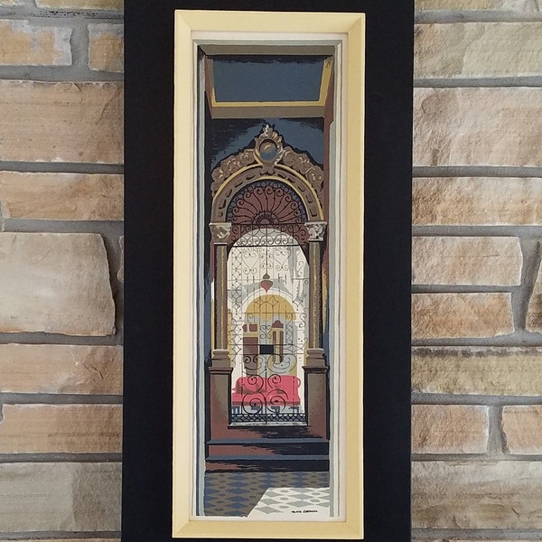 Original Serigraph (Silkscreen) Painting on Board titled "Mexican Door" by Mark Coomer - Mid-Century Artwork Black Frame Tall and Narrow