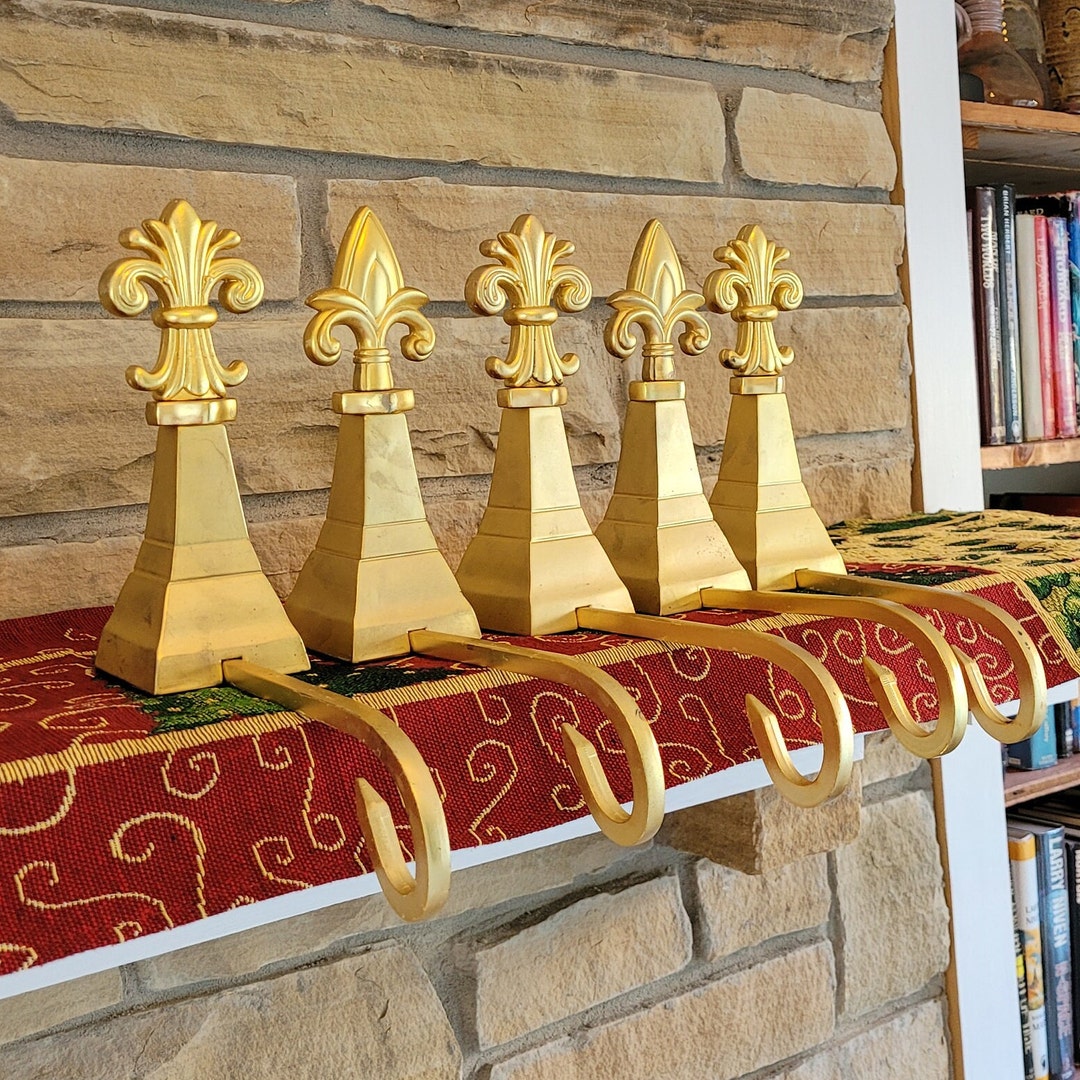 Vintage Set of 5 Gold Metal Fleur De Lis Christmas Stocking Holders
