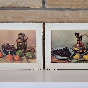 Pair Mid-Century Still Life Fruit Prints by Dutch Artist Henk Bos - Vintage Realistic Art in White Frames - Pitchers, grapes, pears, oranges