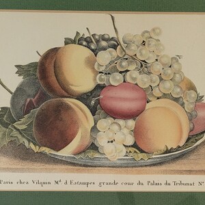 May include: A still life painting of a bowl of fruit. The bowl contains peaches, plums, and grapes. The peaches are a mix of yellow and red, and the plums are a deep purple. The grapes are a mix of green and purple. The painting is framed in a green frame.