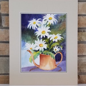 Dipinto ad acquerello originale di fiori di margherite Shasta bianche in annaffiatoio - firmato J Warner - 16 x 20 opaco pronto per essere incorniciato - arte floreale