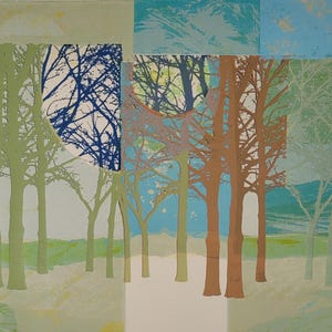 Pejzaż z drzewami, serigrafia w stylu vintage autorstwa Betty Kubalak – nowoczesna sztuka abstrakcyjna