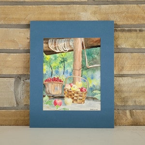 Dipinto ad acquerello vintage dell'artista del Colorado Connie Williams - Cesto di mele, ciliegie, Old Fashioned Well - Arte murale di frutta dai colori vivaci