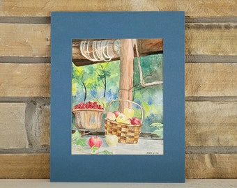 Vintage "Basket of Fruit" Watercolor Painting – Matted Still Life Art