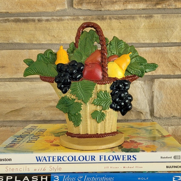 Vintage Solid Cast Iron Colorfully Painted Fruit Basket with Handle Doorstop /Bookend /Shelf Decor- Grapes, Apples Pears Garden Decor