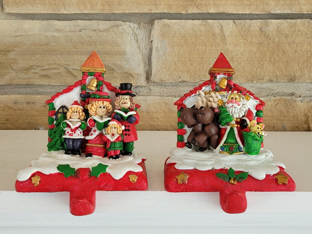 Pair Vintage Christmas Stocking Holders Hangers Churches With Bell