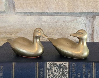 Vintage Pair of Small Solid Brass Ducks - Mid-Century Gold Metal Wildlife Figurines Animal Sculptures Statues for Shelf, Table, Mantel