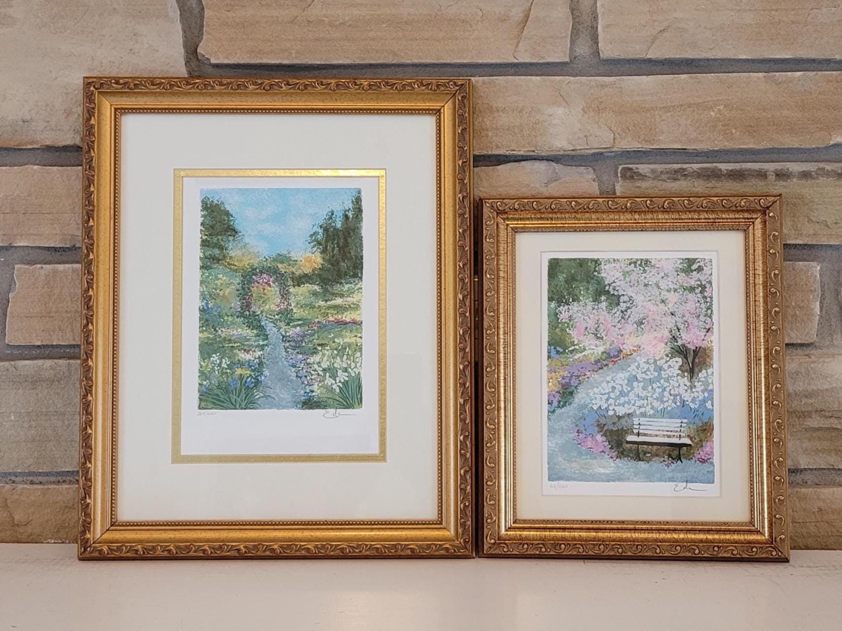 Eda VARRICCHIO 風景画　イーダ ヴァリッキオ Vintage Eda Varricchio Serigraphs: Framed Floral Garden Art, Pair