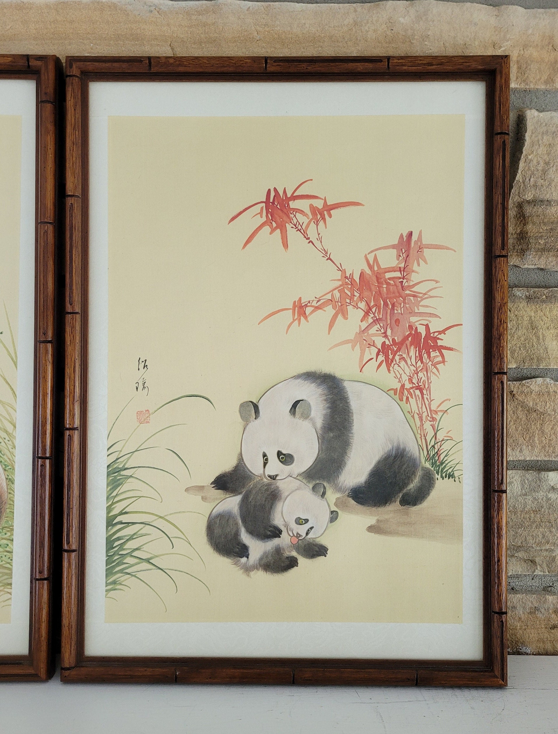 ヴィンテージパンダの水彩画 - フェイク竹フレームの中国筆アート