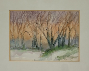 Vintage Original Impressionist Watercolor Painting of Snowy Winter Landscape with Bare Trees Signed by Jean Littler in Gold Metal Frame