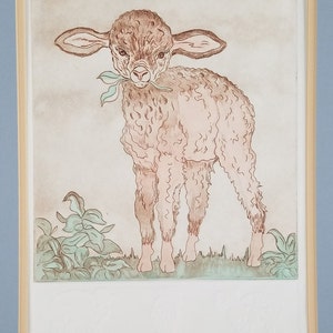 Hand-Colored Embossed Etching by Texas Artist Mary Dinkins - Lamb Eating Ivy - Light Blue Mat - Art for Nursery/Kid&#39;s Room - Ready to Frame